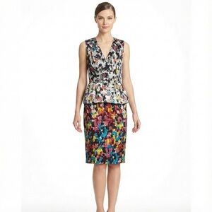 BCBGMAXAZRIA 100% Silk ‘Amalia’ Sleeveless Watercolour Print Peplum Dress Sz 0